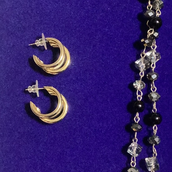 Double Strand Multicolored Beaded Necklace With Gold Short Loop Earrings - Picture 2 of 5